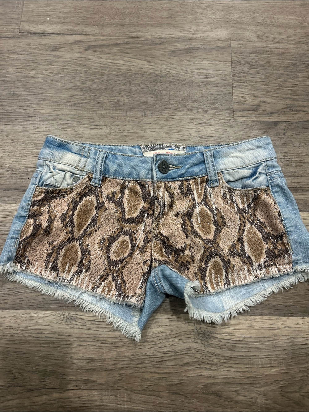 Hot Kiss Light Blue Denim Shorts with Sequin Snake Print Front